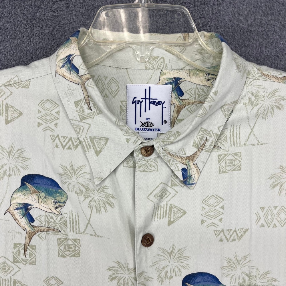 Guy Harvey Button Down Shirt Men 2X Cream Mahi Mahi Fish Tropical Cayman Islands - Picture 3 of 13